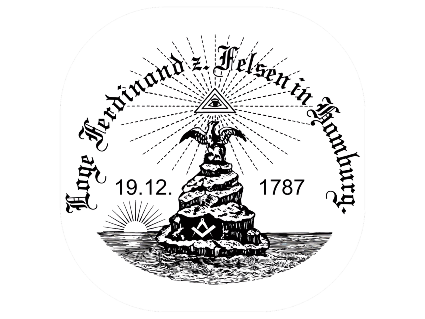 Wappen der Hamburger Loge Ferdinand zum Felsen mit einem Berg, dem Schriftzug und einer strahlenden Pyramide darüber.